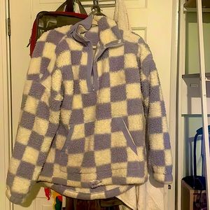 Purple/white checker pattern fluffy wool winter jacket. Small woman’s